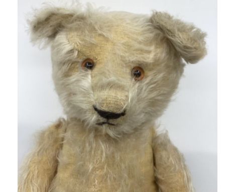 Chiltern Teddy Bear 22” ( no label) golden Mohair fur with vintage wear &nbsp;original with profiled snout and handsome face.