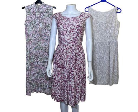 5 1950s dresses to include a 40s/50s sundress with soutache detail, a novelty print cotton dress with birds and flowers, a la