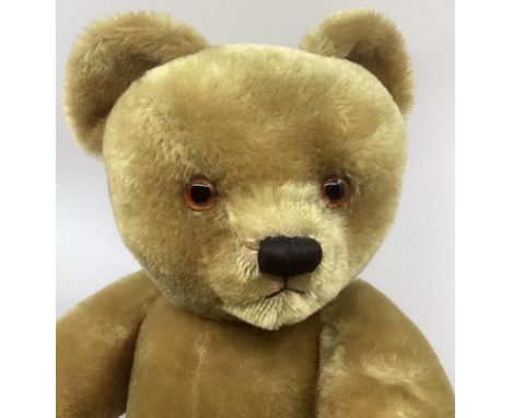 Antique Large 26” Golden Teddy bear with Chunky articulated legs in good vintage order with Rexine pads , excellent given the