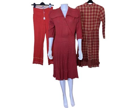 1940s and later clothing to include a R&K originals dress with heavily padded shoulders, a plaid cotton prairie dress, a full