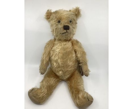 Antique Teddy Bear of Chiltern appearance 21” tall in peachy Golden Mohair and wool filled with Clear/black inset original ey