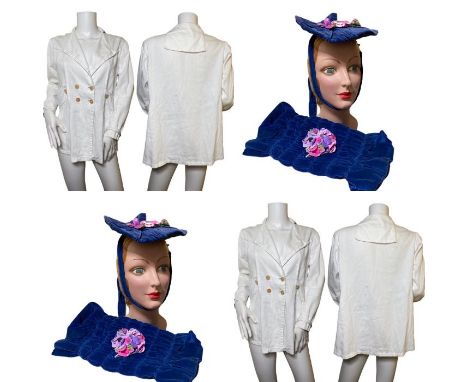 A rare, late Edwardian summer jacket in a ribbed cotton and a mid to late Victorian saucer hat and muff, probably c1860s, tri