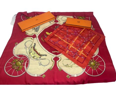2 boxed Hermes silk scarves to include a 1974 'Springs' scarf by LeDoux 35" square and a 1983 red silk square 'Bolduc' by Jea