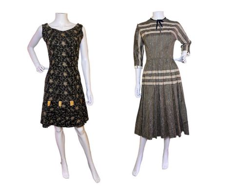 A late 40s/ 50s dress in magnolia with gold embroidery, a cocktail length 1960s fishtail gown, a 1960s Peck & Peck of Fifth a