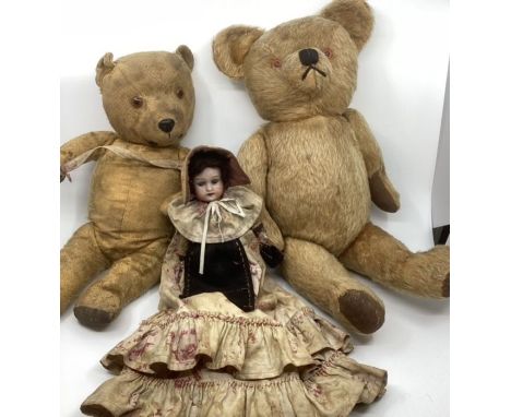 Antique Teddy Bears Nursery Toys all original &nbsp;to include a doll Dolly bag with bisque head -selection of teddy bears an