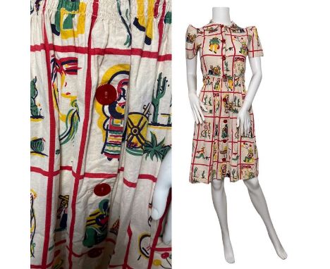 A late 1930s Mexico themed novelty print dress, identical to one which was seen on the pages of National Geographic in Octobe