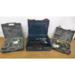 3 cased tools including a Bosch GSB 18-2-Li cordless drill, no battery or charger, unused, a Hitachi
