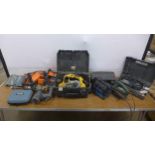 A quantity of power tools including a Dewalt 240V planer, a Bosch PHO100, 240V electric planer, a