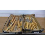 A large quantity of wooden handled wood turning lathe tools including Robert Sorby, Addis, Stormont,
