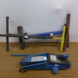 A 3.5 ton capacity hydraulic trolley jack and 2 roller stands