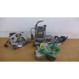 A quantity of power tools including a Trend FT2000VCE-V2, 240V router, a JCB JCBCD5, 230V circular