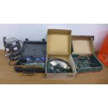 A Nutool NPK187, 240V electric sander, a Parkside hot-air gun, a Metabo ST450, 240V jigsaw and an