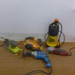 A quantity of power tools including a JCB-JCBD-PP900, 230V electric planer, a Silverline 710W,