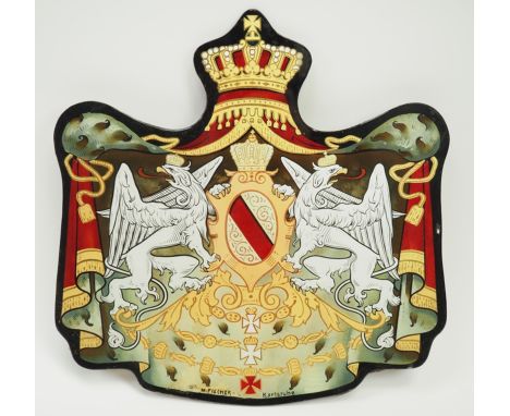Baden: Hinterglasmalerei Wappenschild.Glas, mehrfarbig und vergoldet, großer badischer Wappenschild, gefertigt von M. Fischer