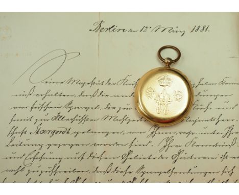 Preussen: Geschenktaschenuhr Kaiser Wilhelm I. mit Handschreiben an einen Gemüsegärtner.Taschenuhr im Gold Gehäuse, fein grav