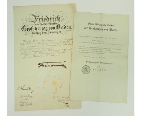 Baden: Silberne Verdienstmedaille am Bande der Militärischen Karl-Friedrich-Verdienstmedaille Urkunde für einen Musketier bei