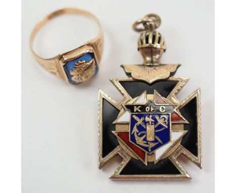 USA: Akademie-Ring und Anhänger - GOLD.1.) Akademie-Ring: 10K Gold gepunzt, teilweise emailliert, 2.) K.of.C. Kreuz: Vergolde