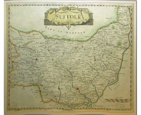 R MORDEN: SUFFOLK, engraved hand coloured map [1695], approx 355 x 415mm, framed and glazed  