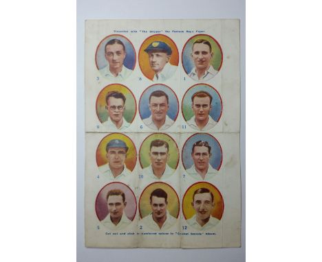 D. C. THOMSON, The Skipper, Cricket Secrets un-cut sheet, inc. no. 8 Bradman, original folds, some light staining, o/w G