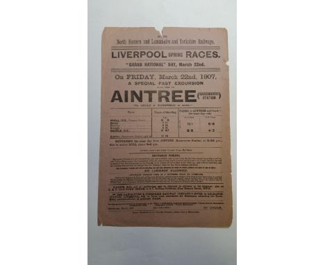HORSERACING, railway price leaflet poster regarding the 1907 Grand National at Aintree, small rips to edges, corners damaged 