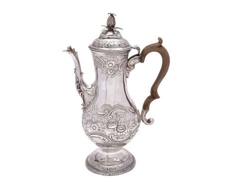 A George III silver coffee pot, maker John King, London 1783, of baluster form, the domed hinged lid with pineapple finial, s