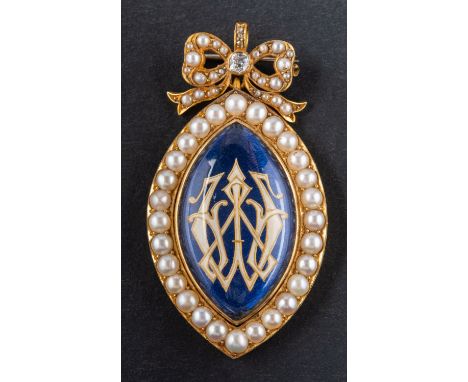 A navette-shaped locket brooch/ pendant, with blue and white enamel ground, mabe pearl surround, seed pearl and old-cut diamo