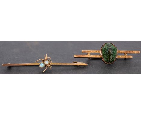 Two bar brooches, including an opal set spider brooch, stamped '9CT', and an enamel scarab brooch, length ca. 4.7-5.8cm, tota