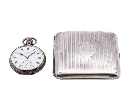 A silver cigarette case Birmingham, 1916, of square form with engine turned line decoration, 105grams, together with a silver