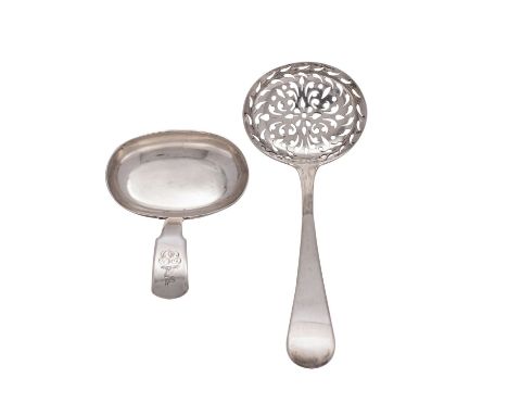 A William IV silver sugar shifting spoon, marker Thomas Wallis, London 1833, Old English pattern together with a Fiddle patte