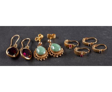 Four pairs of gemset earrings, including a pair of garnet drop earrings, with hook fittings; a pair of 9ct gold, jade drop ea