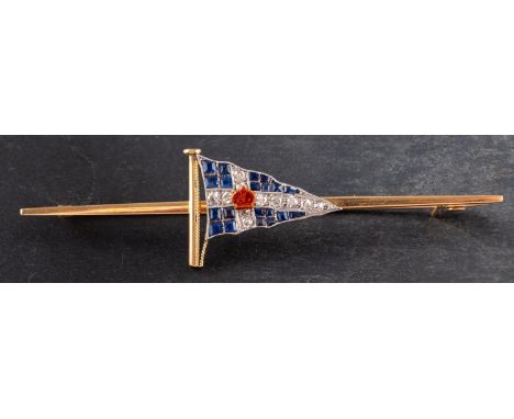 A Royal Thames Yacht Club burgee brooch, set with calibre-cut sapphires and single-cut diamonds surmounted by a red enamel cr