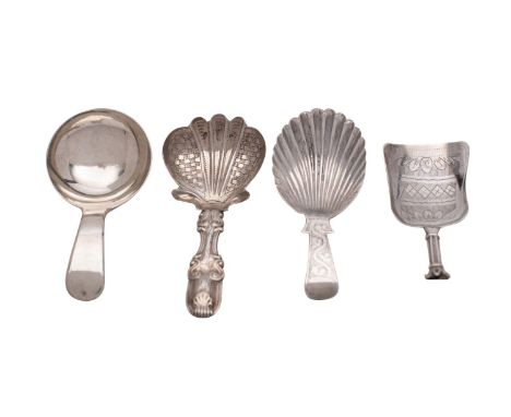 A small collection of early 19th century silver caddy spoons, to include a shell bowl, maker John Liley, Birmingham 1790, pla