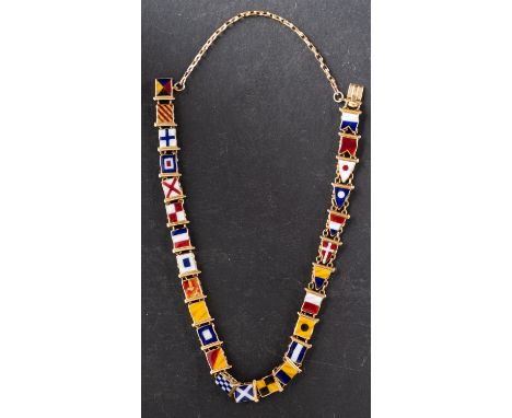 A vari-coloured enamel flag bracelet, depicting nautical signal flags, stamped '18CT', total length ca. 18.5cm, total weight 