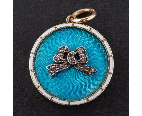An early 20th century, rose-cut diamond, white and turquoise guilloche enamel mourning locket pendant, with pop-open glazed c