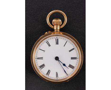 An 18ct gold open faced pocket watch the movement having a lever escapement with the white enamel dial having black Roman num