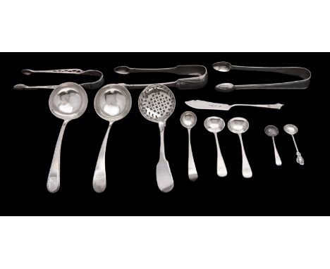 A mixed group of early 19th century flatware to include; a pair of Fiddle and Shell sugar tongs, maker J&W.M, Edinburgh 1825,
