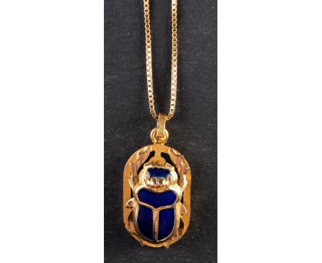 A blue enamel scarab pendant, length (exl jump ring) ca. 2cm weight ca.3.1gms; together with a box-link chain, stamped '750',