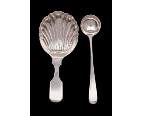 A William IV silver caddy spoon Fiddle and Shell pattern together with a George III small silver sauce ladle, 21grams,(2).