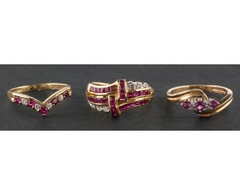 Three ruby and diamond rings, including a 9ct gold, ruby and round, brilliant-cut diamond wishbone ring, total estimated diam