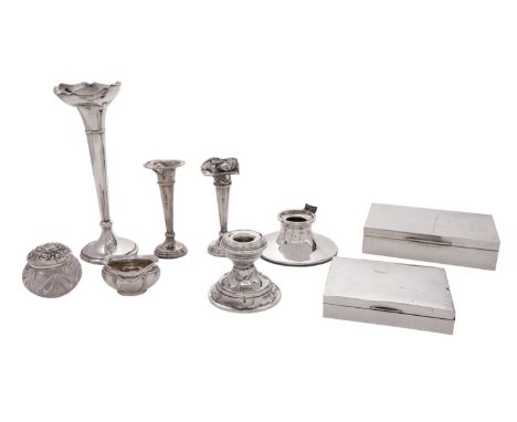 A group of small silver items to include  a rectangular cigarette casket, together with another  similar, three vases, an ink