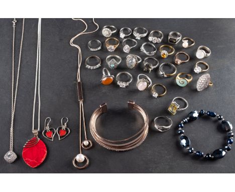 A collection of mainly costume jewellery, including a blue bead bracelet; a red resin necklace and pair of earrings; an imita