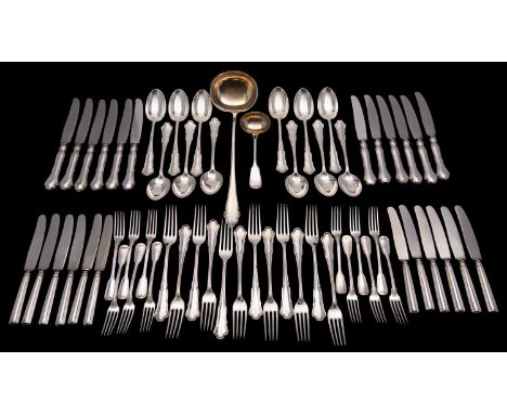 A canteen of German silver flatware, 800 standard, twelve soup/ table spoons, twelve table forks, twelve plated table knives,