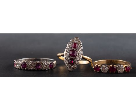 Three ruby and diamond rings, including an 18ct gold half-eternity ring, total estimated diamond weight ca. 0.30ct; a five-st