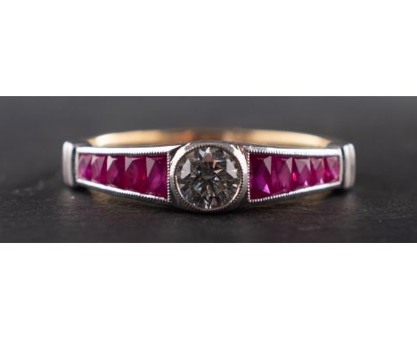 An 18ct gold, round, brilliant-cut diamond and calibre-cut ruby ring, estimated diamond weight ca. 0.25ct, I-J colour, SI1-2 