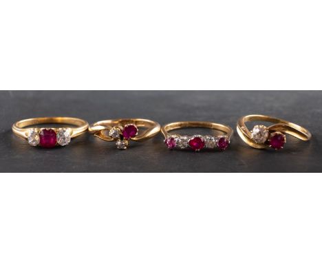 Four ruby and diamond rings, including a ruby and diamond cross-over ring, estimated diamond weight ca. 0.25cts; an 18ct gold