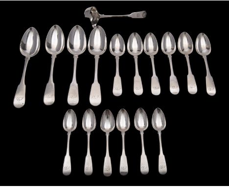 A part matched canteen of early 19th century of Edinburgh silver flatware, various makers and dates, Fiddle pattern, to inclu