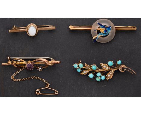 Four brooches, including a 9ct gold amethyst and seed pearl brooch; a 9ct gold cabochon-cut opal bar brooch; a blue enamel an