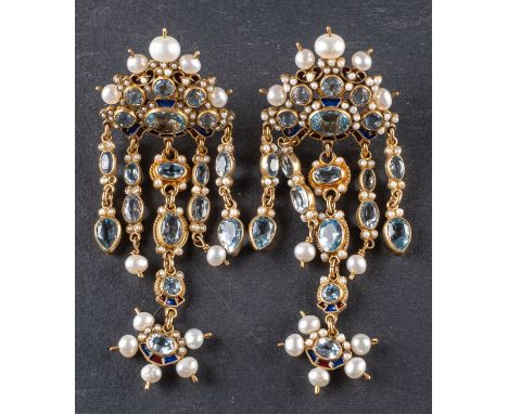 A pair of gemset pendent earrings by Percossi Papi, in Renaissance Revival style, set with blue topaz, seed pearls and blue a