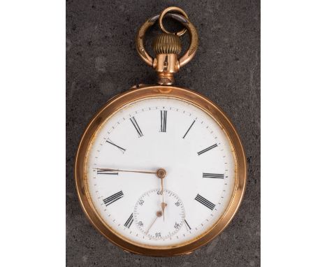 An 18ct gold open-faced pocket watch the white enamel dial with black Roman numerals, a subsidiary seconds dial and gold spad