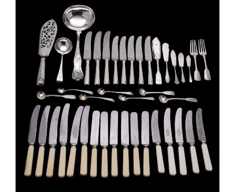 A quantity of silver and silver plated flatware to include: eight table knives with hallmarked handles, Sheffield 1969, a sil